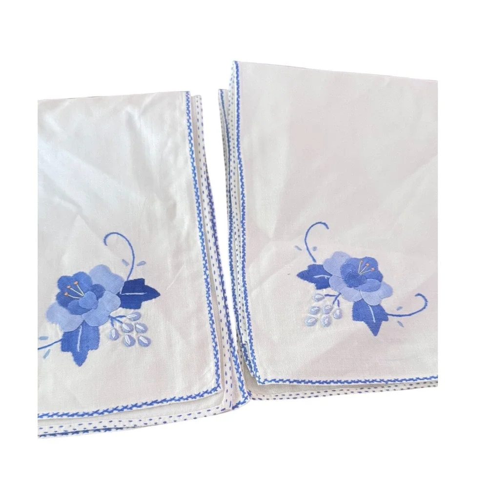 Vintage White Linen‎ Napkins Blue Floral Handmade Square Set of 2 15.5x15.5
